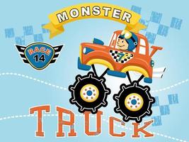 Monster truck cartoon vector with little driver, car racing element