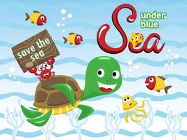 Funny marine animals cartoon vector, undersea element illustration, save sea campaign vector