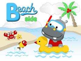 Vector cartoon of cute hippo wearing diving goggles in swim ring duck with marine animals, beach elements illustration