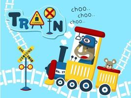 Cartoon vector of cute rhino with mouse on steam train, railway elements illustration