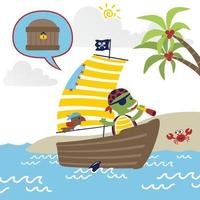 Cartoon vector of funny turtle with parrot in pirate costume on sailboat, pirate sailing elements