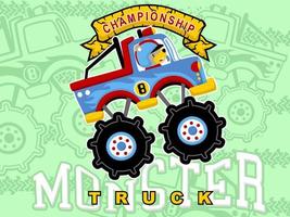 Cartoon vector of monster truck with funny bear driver on tire track and monster truck background