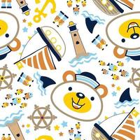 seamless vector pattern of funny bear wearing sailor cap, sailing element cartoon with marine animals