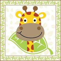 Cute smiling giraffe cartoon vector on leaves background in tree branches frame