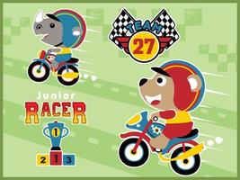 Cartoon vector of cute bear with rhino in motor racing competition, motor racing elements on motor track background