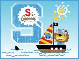 Cartoon vector of cute lion in sailor costume on sailboat, sailing elements illustration