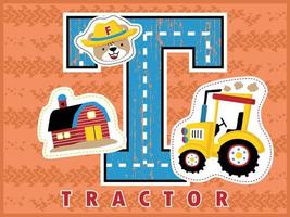 Cartoon vector of farming element, tractor, funny bear farmer, barn on tractor trail background