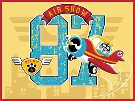 Cute bear pilot cartoon vector on plane on big number background, air show elements on buildings background
