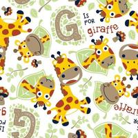 seamless vector pattern with funny giraffes cartoon, mushroom and leaves