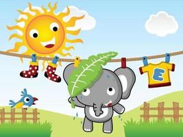 Little elephant hang on clothesline hiding with leaf from hot sun, bird on fence, vector cartoon illustration