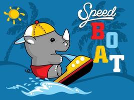 Little rhino cartoon vector on speed boat or jet ski