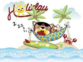 Cartoon vector of cat and mouse on hummock, summer beach holiday elements