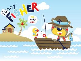 Cartoon vector of funny cat with duck on boat fishing in the sea