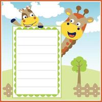 Frame border template, vector cartoon of funny animals on nature background, cow with giraffe