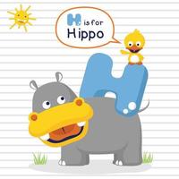 Cartoon vector of cute hippo and little duck on striped background