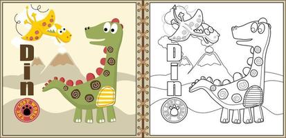 funny dinosaurs cartoon vector on volcanoes background, coloring page or book