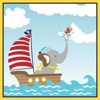 Cartoon vector of cute elephant in sailor costume on sailboat with a fish