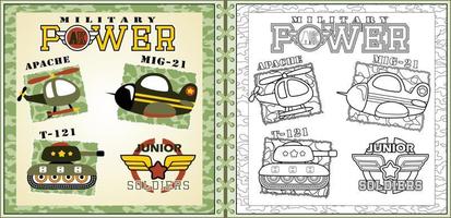 Vector illustration of military elements cartoon, armored vehicles in camouflage frame border, coloring page or book