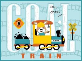 Cartoon vector of cute kangaroo on steam train, railroad elements on railway background