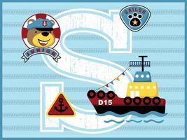 Tugboat cartoon vector with funny bear sailor on rope background, sailing elements illustration