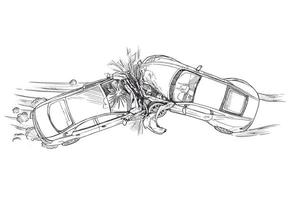 dos autos chocan, chocando contra la ilustración vectorial de estilo de arte de primera línea del otro. pancarta de accidente automovilístico.