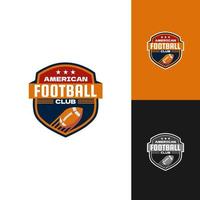 logotipo emblema fútbol americano cohete bola volando con insignia rojo naranja negro azul color vector
