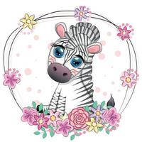 Cute cartoon zebra sits in flowers. Childish striped character, African animals vector