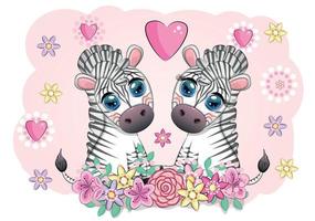 Zebras in love in flowers with a heart, Valentine's day postcard vector