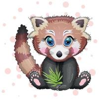 Red panda, cute character with bamboo leaves, greeting card, bright childish style. Rare animals, red book, bear vector