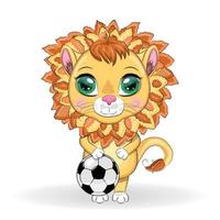 León de dibujos animados con una pelota de fútbol. personaje con hermosos ojos, infantil. concepto de deporte vector