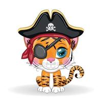 Tiger pirate, cartoon character of the game, wild animal cat in a bandana and a cocked hat with a skull, with an eye patch. Character with bright eyes vector