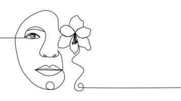 Woman face with flowers one line drawing. Continuous line drawing art. Flower bouquet in woman vector