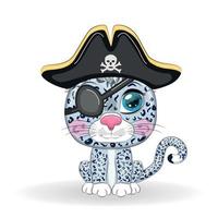 Snow leopard pirate, cartoon character of the game, wild cat in a bandana and a cocked hat with a skull, with an eye patch. Character with bright eyes vector