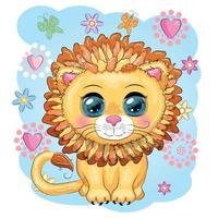 Cartoon lion with expressive eyes. Wild animals, character, childish cute style. vector