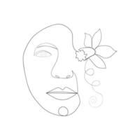 Woman face with flowers one line drawing. Half of the face is a flower. Continuous line drawing art. Nature cosmetics. vector