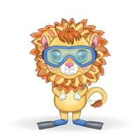 león de dibujos animados en aletas, círculo de natación, sombrero, gafas. personaje con hermosos ojos, infantil. vacaciones de verano vector