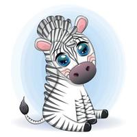 Cute cartoon zebra is sitting and waving its tail. Children's character. vector
