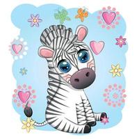 Cute cartoon zebra sits in flowers. Childish striped character, African animals vector