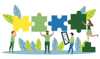 Business concept. Team metaphor. people connecting puzzle elements. flat design style. Symbol of cooperation vector