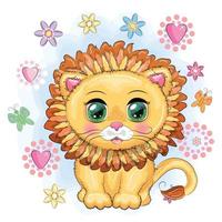 Cartoon lion with expressive eyes. Wild animals, character, childish cute style. vector