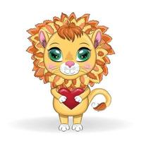 Hand drawn Valentines day card with cute lion with heart, quote Love you forever. vector