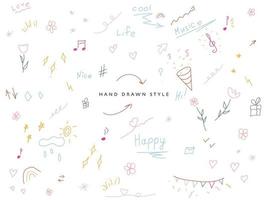 colored set of simple hand drawn decorative illustrations. these are simple drawings of stars, hearts, confetti, lines, notes, treble clef, arrows, flowers and others vector