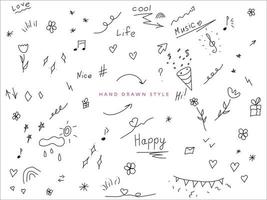 black set of simple hand drawn decorative illustrations. these are simple drawings of stars, hearts, confetti, lines, notes, treble clef, arrows, flowers and others vector