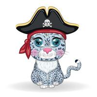 Snow leopard pirate, cartoon character of the game, wild cat in a bandana and a cocked hat with a skull, with an eye patch. Character with bright eyes vector