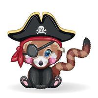 Red panda pirate, cartoon character of the game, wild bear in a bandana and a cocked hat with a skull, with an eye patch. Character with bright eyes vector