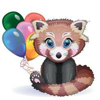 Red panda, cute character with balloons, greeting card, bright childish style. Rare animals, red book, bear vector