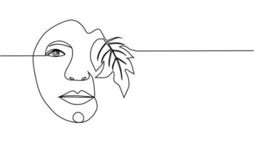 Woman face with flowers one line drawing. Continuous line drawing art. Flower bouquet in woman vector