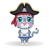 Snow leopard pirate, cartoon character of the game, wild cat in a bandana and a cocked hat with a skull, with an eye patch. Character with bright eyes vector