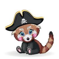 Red panda pirate, cartoon character of the game, wild bear in a bandana and a cocked hat with a skull, with an eye patch. Character with bright eyes vector