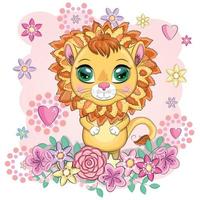 Cartoon lion with expressive eyes. Wild animals, character, childish cute style. vector